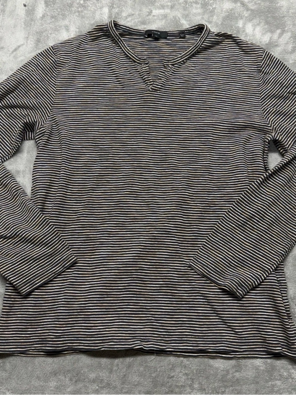 Vince Navy, White, and Yellow Striped Split-Neck Top